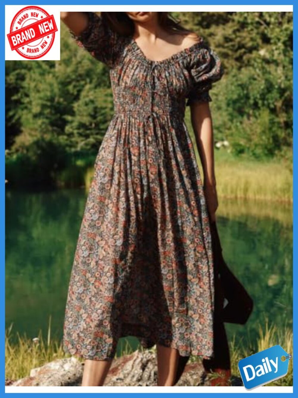 Boho Floral Puff Sleeve Maxi Dress with Pockets, Smocked A-Line - Picture 3 of 5